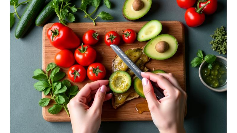 Mână care taie avocado pe o placă de lemn, lângă alte legume proaspete, ilustrând nutriția sănătoasă.