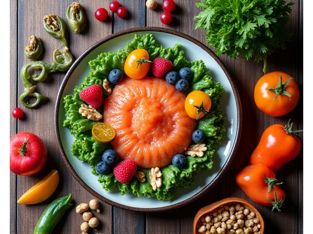Mese sănătoase, vibrante, cu ingrediente românești proaspete, aranjate estetic pe o masă din lemn, cu un bol de fructe și legume în prim-plan, sugerând longevitate și energie.