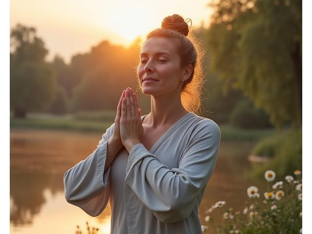 Portretul unei femei de 45 de ani, Elena Vasile, practicând yoga în natură, cu o expresie de pace și echilibru interior.