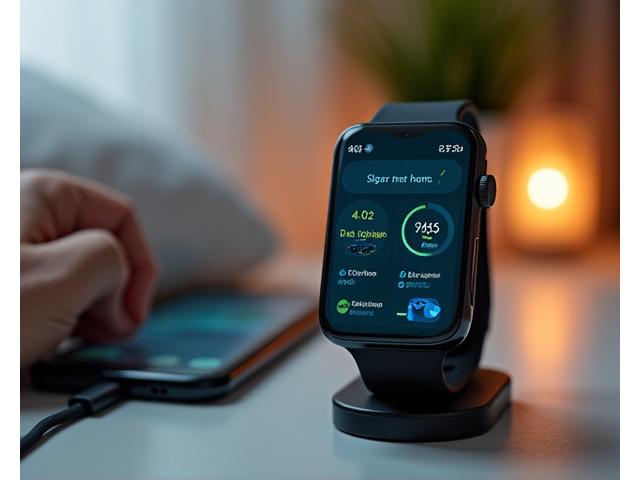 Un ecran de smartwatch afișând grafice de monitorizare a ritmului cardiac și a calității somnului. Pe fundal, o mână așează un telefon pe un suport, sugerând integrarea tehnologiei în viața de zi cu zi.