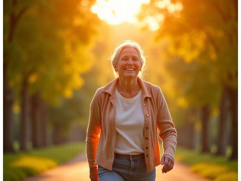 O persoană vârstnică activă și fericită, plimbându-se într-un parc luminos, plin de verdeață, simbolizând vitalitatea și longevitatea. Expresie de bucurie și pace, culori calde și naturale. Zâmbet sincer, lumină naturală.