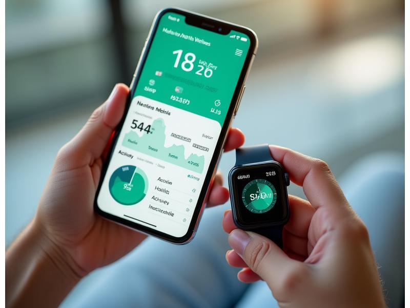 Un dashboard digital de wellness afișând metrici de sănătate precum somnul, activitatea fizică, ritmul cardiac și nivelul de stres. Interfața este curată, modernă și ușor de citit pe un ecran de smartphone și un ceas inteligent, cu iconițe intuitive și grafice dinamice.